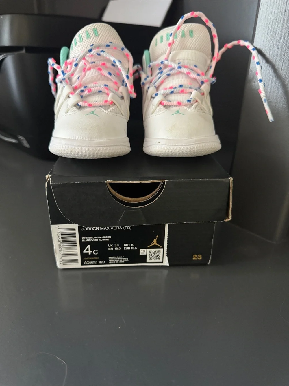 Jordan Toddler White Sneakers with Mint Accents and Pink/Blue Speckled Laces